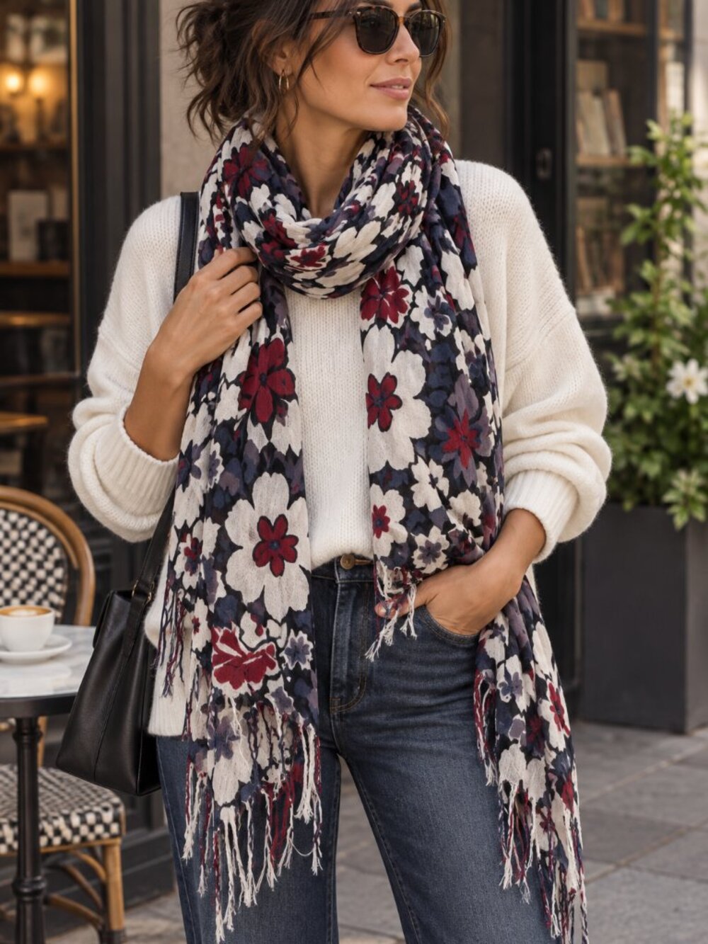 Boho Oversized Floral Fringe Scarf Navy Burgundy Cream Lightweight